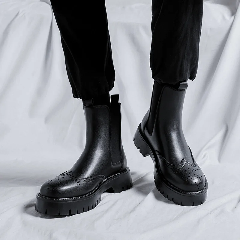 

Ботинки мужские высокие в британском стиле, модные брендовые дизайнерские ботинки броги с резьбой, ковбойские Оригинальные кожаные ботинки челси на платформе