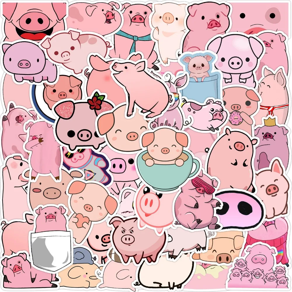 50pcs Cute Cartoon Pig Stickers Lively Pink Little Pig Waterproof Stickers Children's Funny