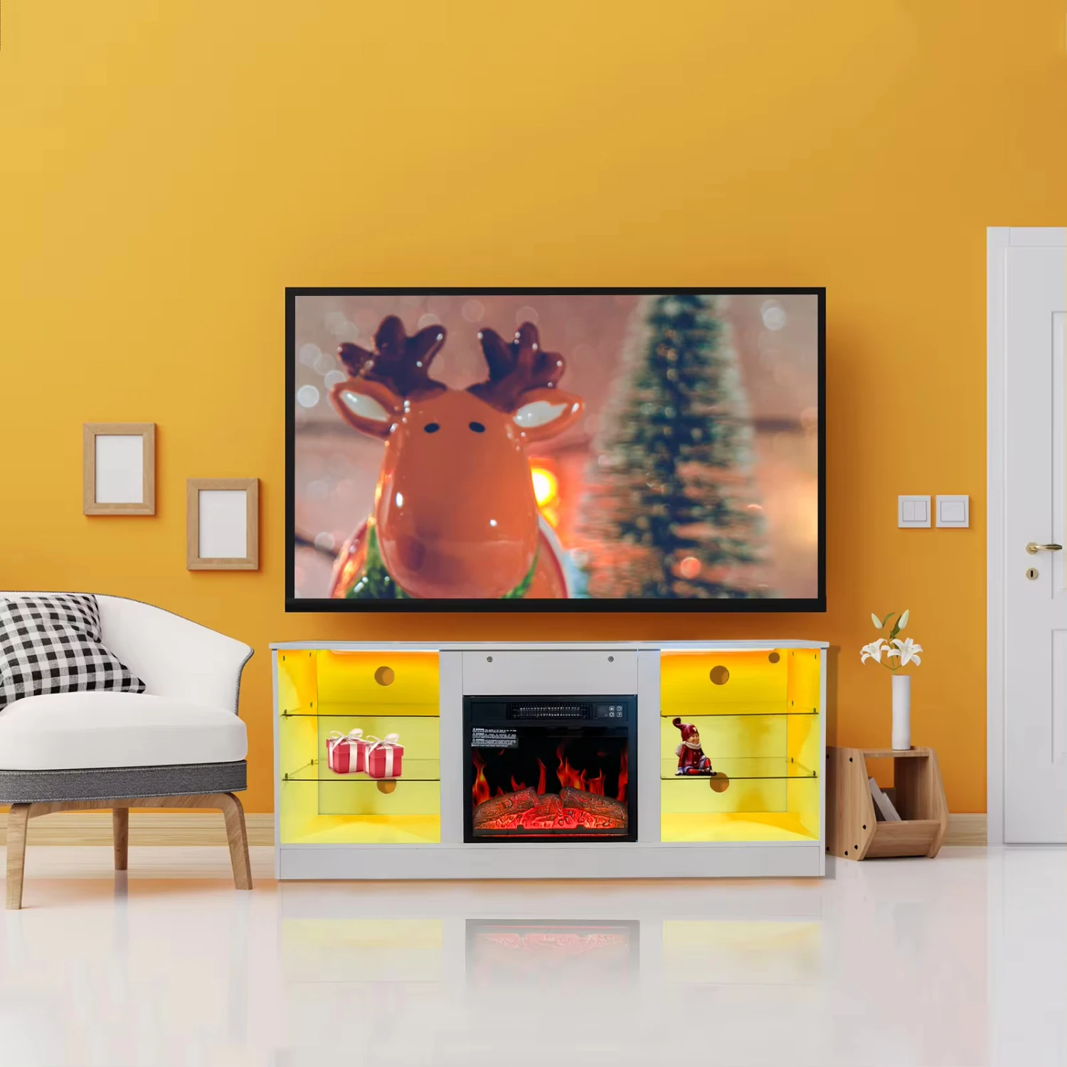 ireplace TV Stand With 18 Inch Fireplace Heater,Modern Entertainment Center TVs to 62 Inch With Adjustable Glass