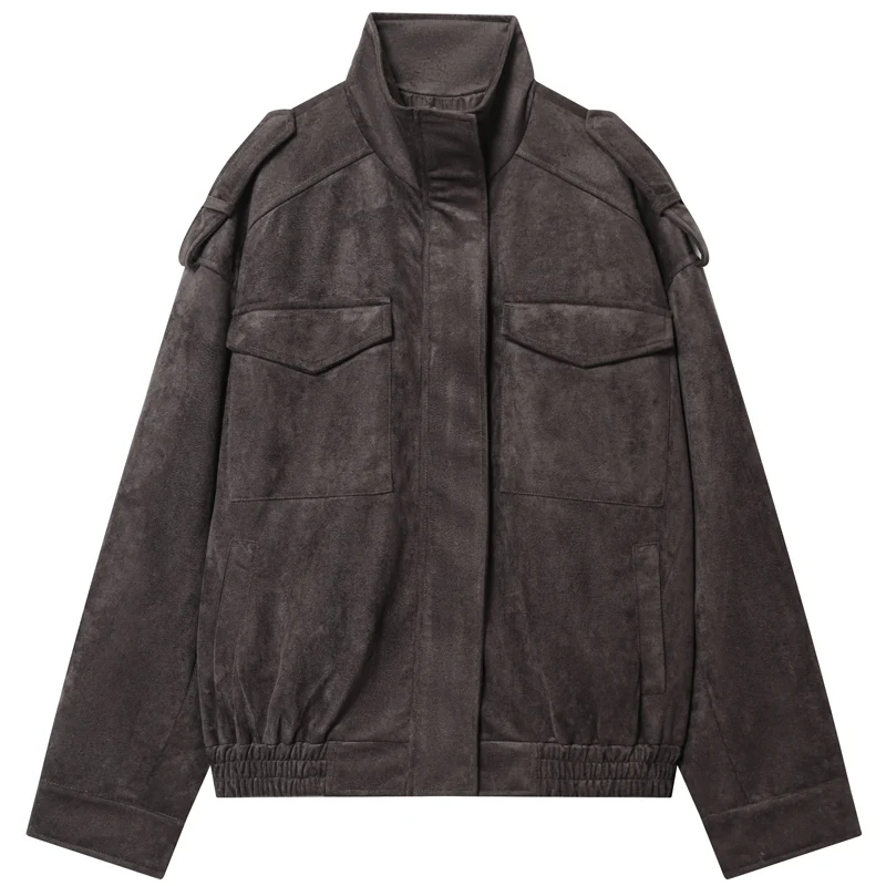 HXAO nouveauté veste en daim vestes pour femmes automne gris foncé kaki Bomber veste Chic fermeture éclair à manches longues manteau vêtements de mode