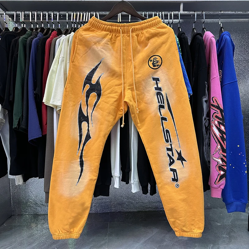 

High Street Orange Hellstar Sweatpants Unisex 1:1 Fashion Pants Drawstring Pocket Printed Logo Casual Cotton Trousers With Tags