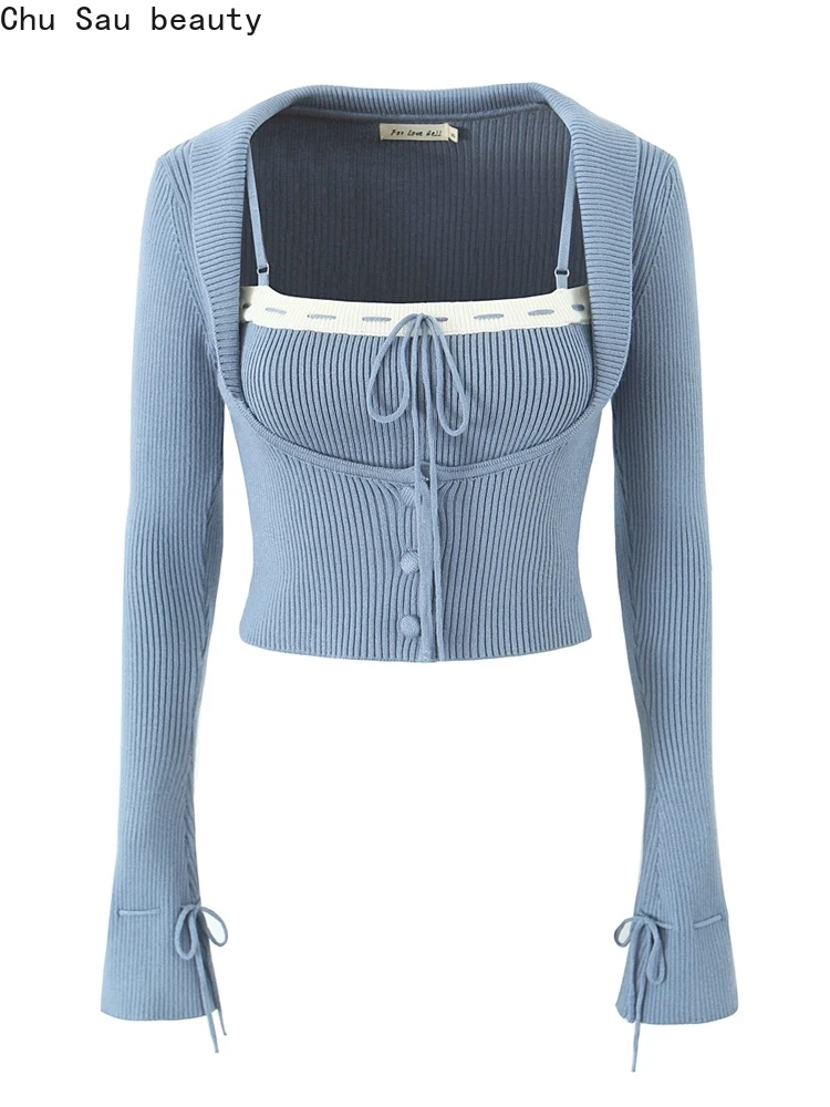 

Chu Sau beauty 2023 Women Autumn New Fashion Sweet Knitted 2 Piece Suit Chic Single Breasted Cardigans+Elastic Slim Camisole