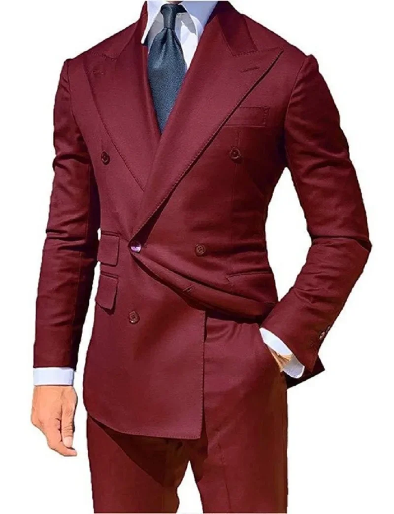 Classic Style Double Breasted Red Groom Tuxedos Peak Lapel Groomsmen Men Blazers Suit (Jacket+Pants)
