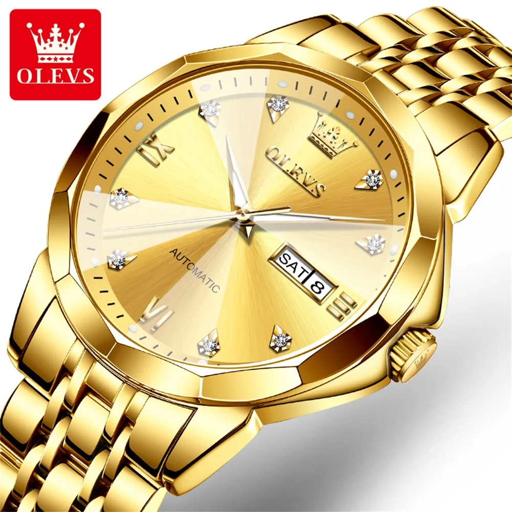 OLEVS 9982 Men Automatic Watch Classic Top Brand Mechanical Watch For Men Rhombus Mirror Dual Calendar Luxury Male Wristwatch