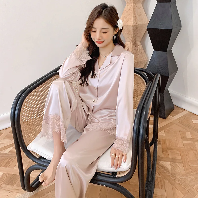 

Lace Women Pajamas Turndown Collar Pocket Long Sleeve Casual Pants 2 Piece Set Sleepwear Female Home Suit Sets Nightwear