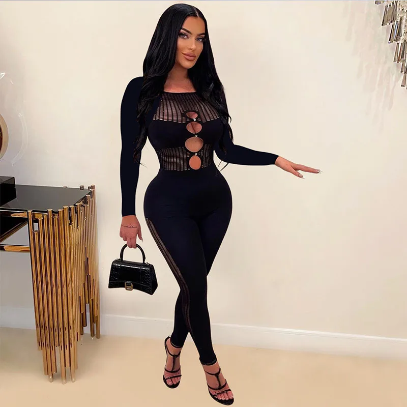 

Black Hollow Out See Through Bodycon Jumpsuits Woman Long Sleeve Pearl Button Skinny Rompers Womens Jumpsuit Night Club Outfits
