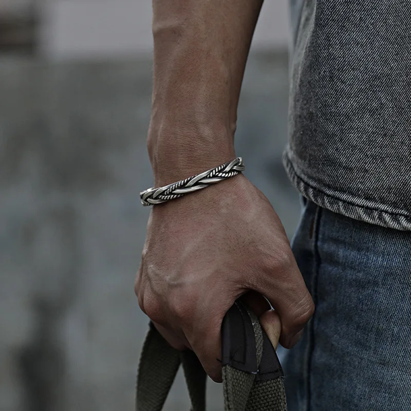 

Street all-match 925 Stamp Silver color Twisted Woven Bracelet man women Neutral Retro Thai Original Handmade Opening bangle