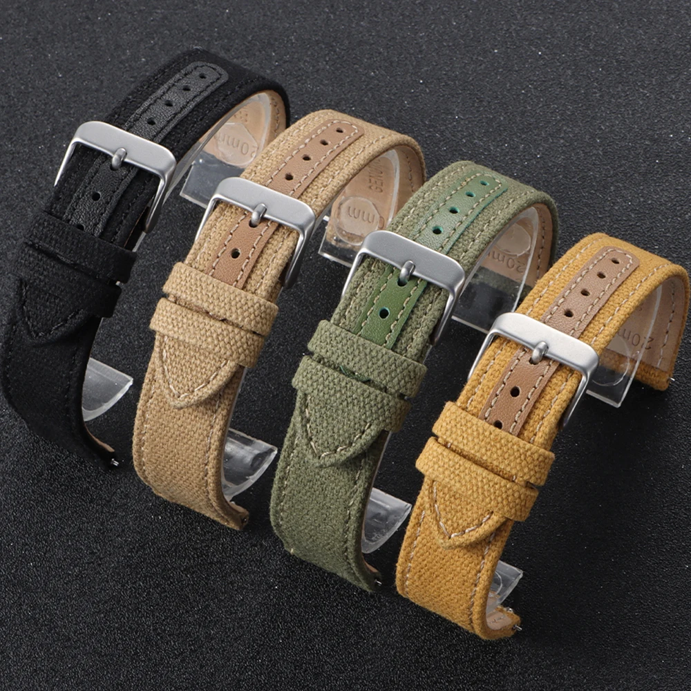 Vintage Nylon Watch Strap, Handmade Quick Release Bracelet, Black Khaki Green
