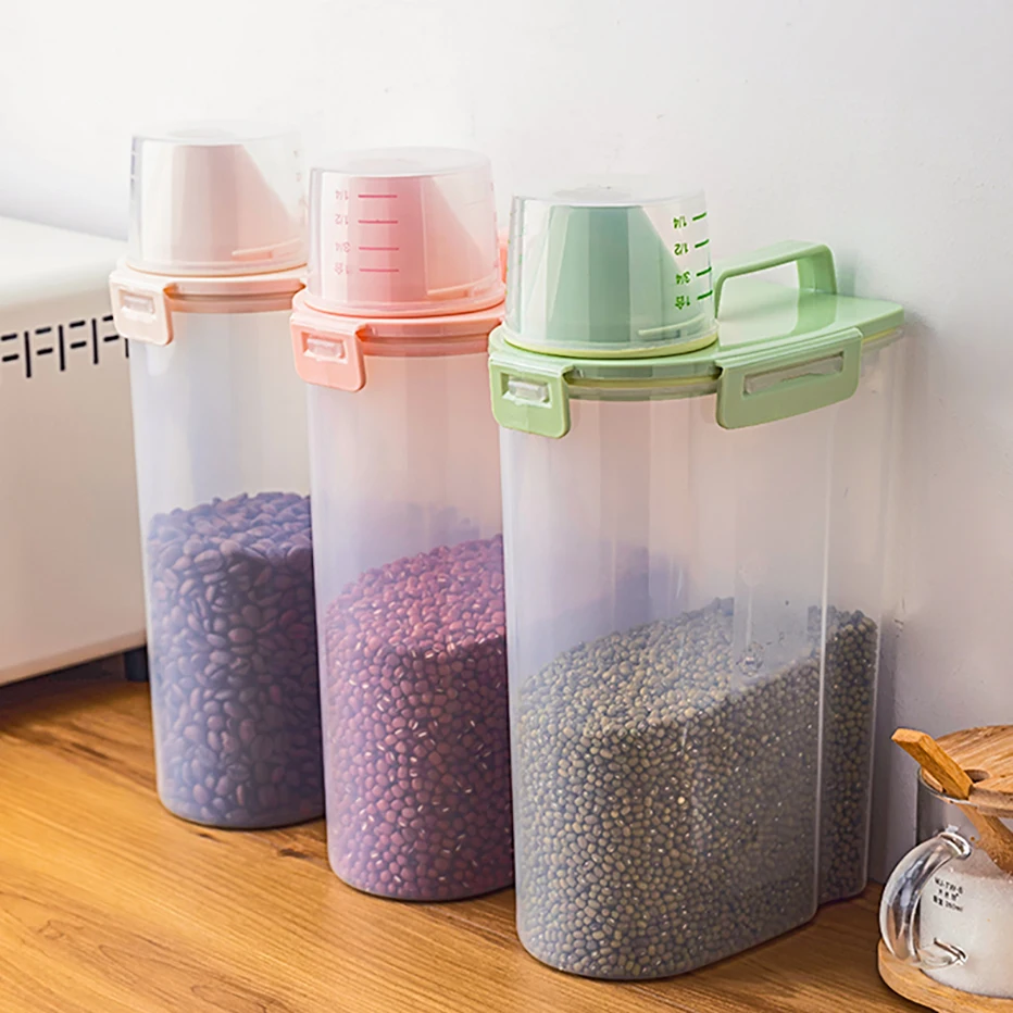 Clear Airtight Food Storage Container with Measuring Cup and Handle Easy  Pouring Cereal Dispenser Kitchen Pantry Organizer Jars - AliExpress