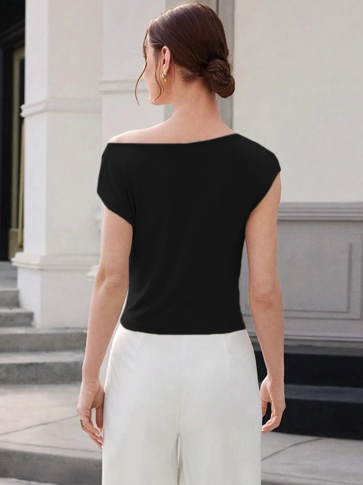 Nibber Simple Irregular Metal Knots Tops Women Temperament Pleated Skinny High Stretch Solid Daily Casual Streetwear Basic Tees