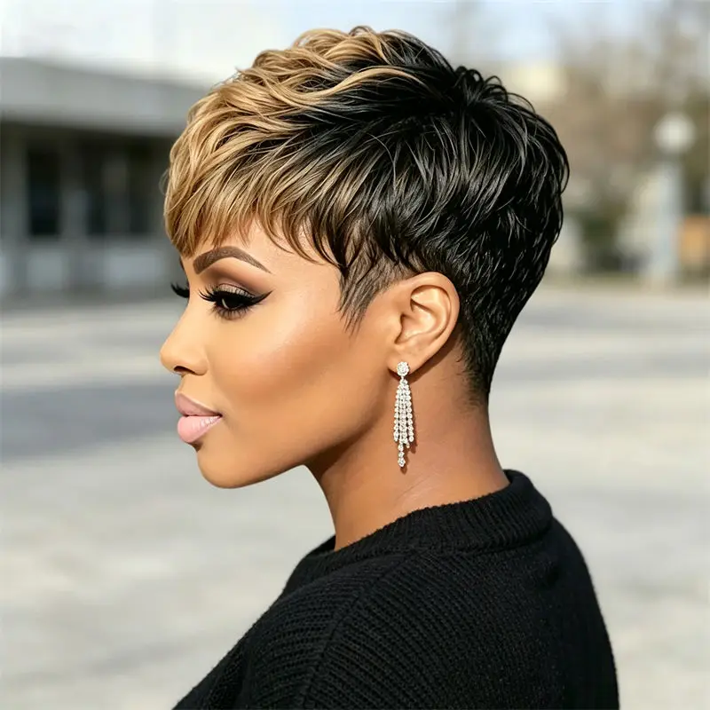 Parrucca Pixie Cut con frangia, realizzata a macchina, nera, bionda, riccia, a strati, in vero capello umano, per donne, per uso quotidiano e per eventi.