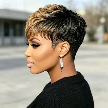 Parrucca Pixie Cut con frangia, realizzata a macchina, nera, bionda, riccia, a strati, in vero capello umano, per donne, per uso quotidiano e per eventi.