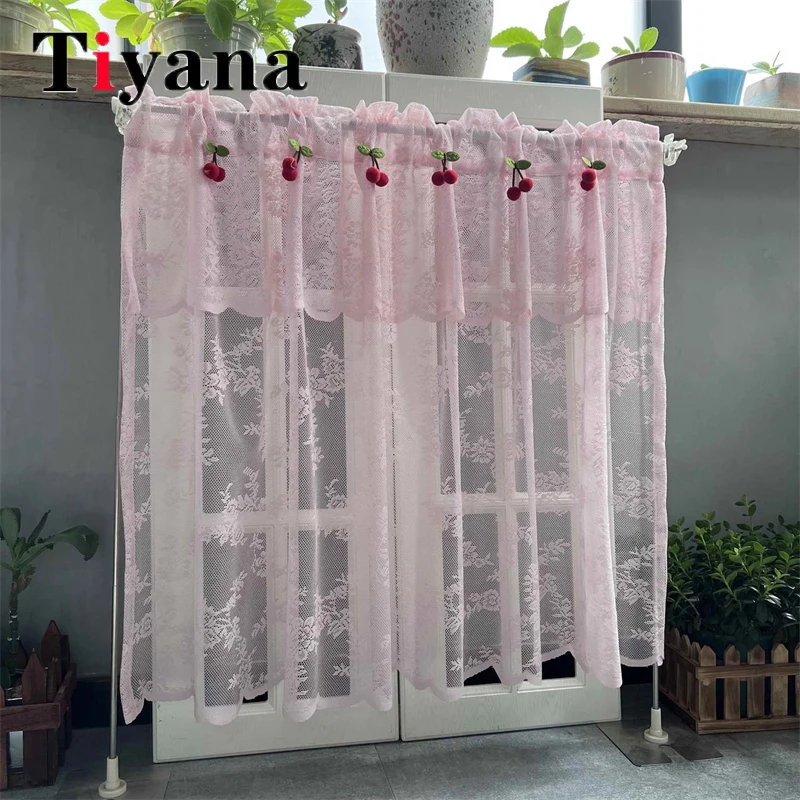 

1 PCS Rod Pocket Pink Lace Short Curtains For Kitchen Cafe Double Layer Jacquard Floral Sheer Voile Valance Small Window Drapes