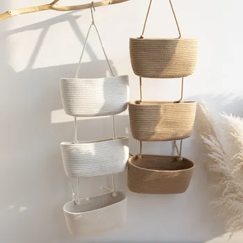 3-Layer Wall Hanging Storage Basket Multipurpose No-Punch Door Storage Pouch Handwoven Hanging Storage Pouches