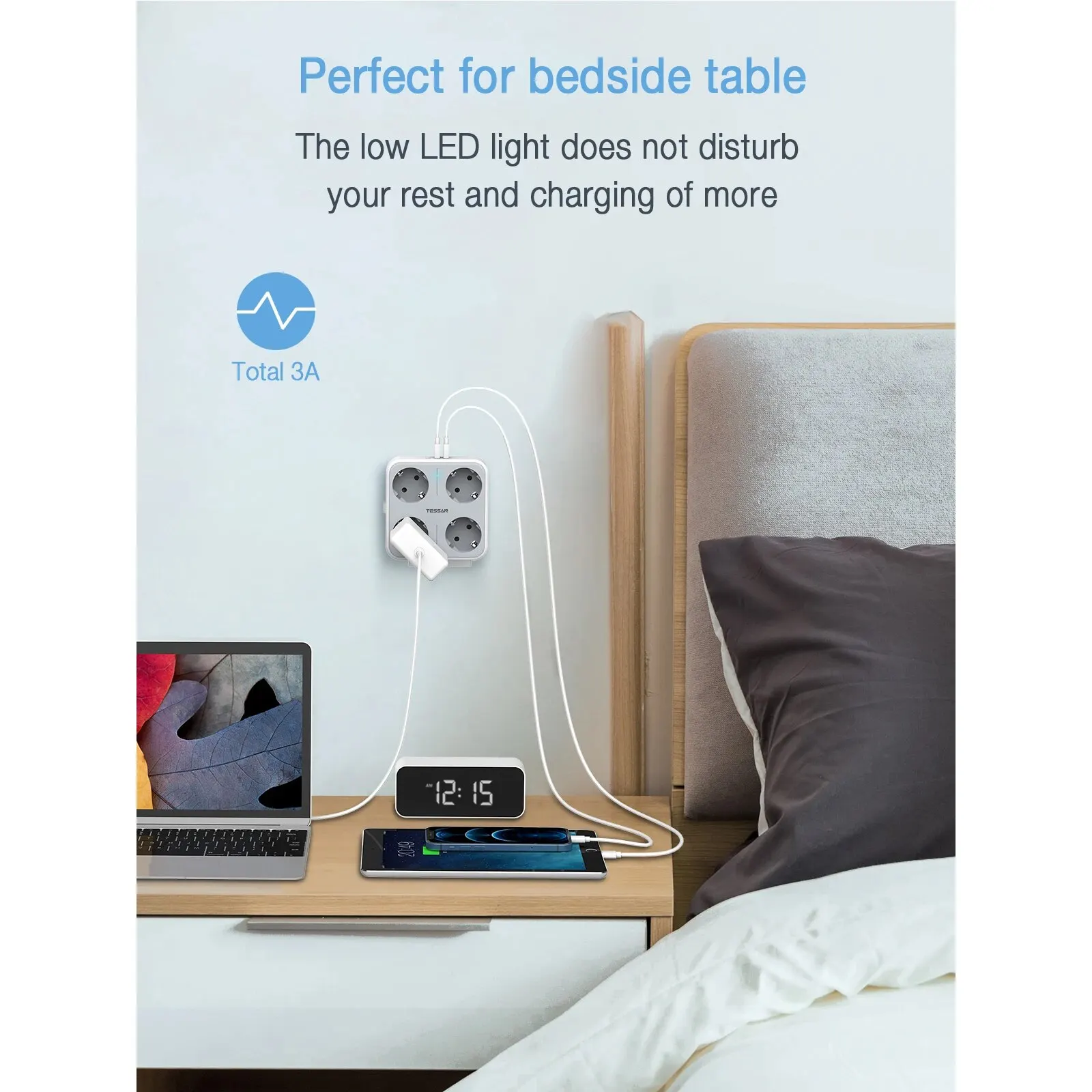 Power Socket TESSAN USB Wall Socket Extender with 4 AC Outlets +3 USB Ports 5V 2.4A Adapter 7-in-1 Plug Socket On/Off Switch for Home Office
