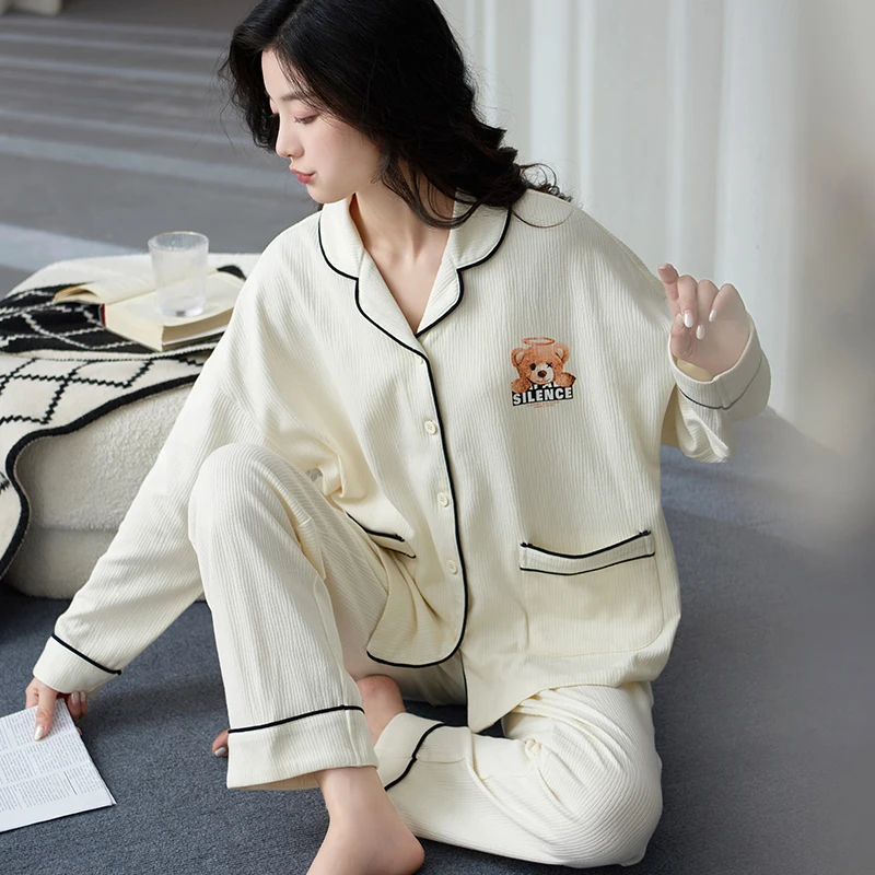 

Женская весенне-осенняя Хлопковая пижама, кардиган с воротником, белый милый маленький медведь, Осень-зима, Хлопковая женская домашняя фурия