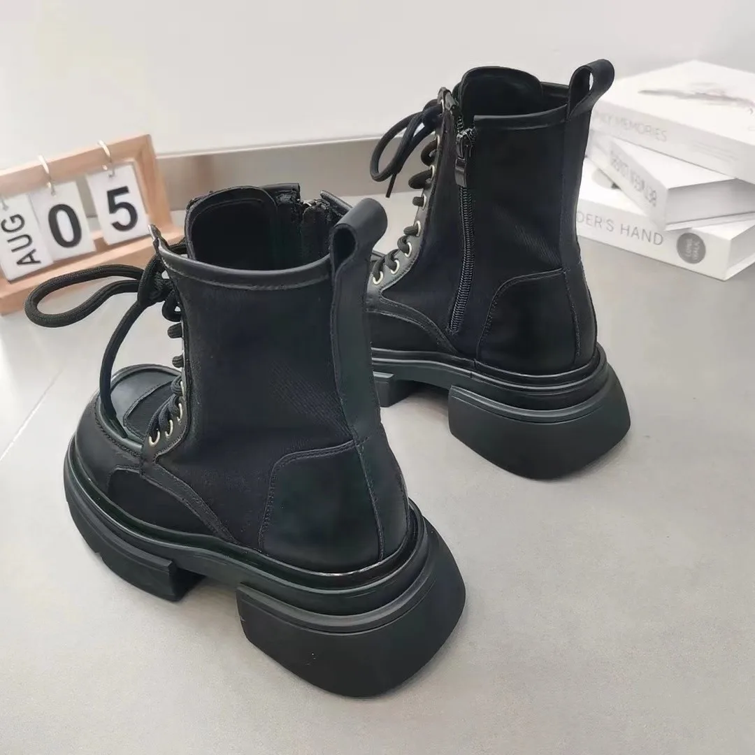 

Chunky Platform Combat Boots Women Front Lace-up Pu Leather Ankle Boots Woman Punk Thick Bottom Non Slip Motorcycle Botas