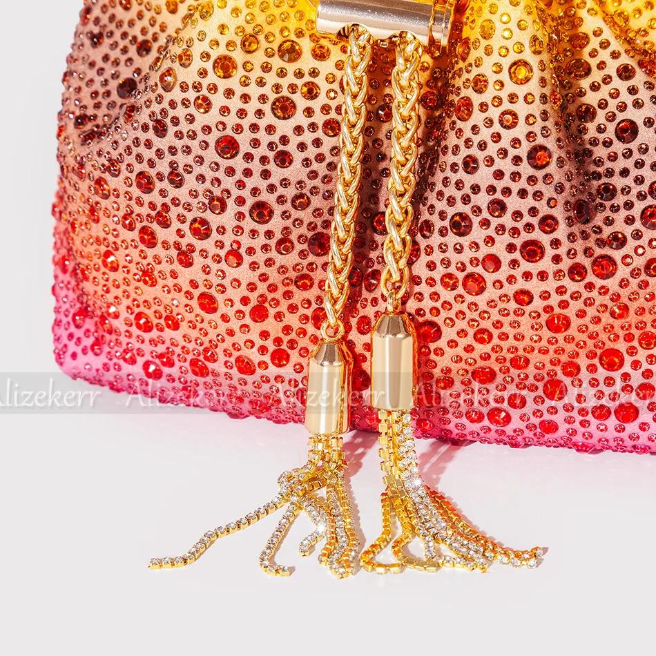 Handbag, Bucket, Tassel, Diamond, Colorful Women's New Round Metal Handle, Crystal Handbag, Bride's Wedding Party, Women