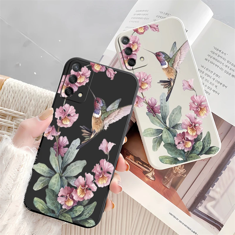 Chic Pink Flowers & Birds Shockproof Silicone Phone Case