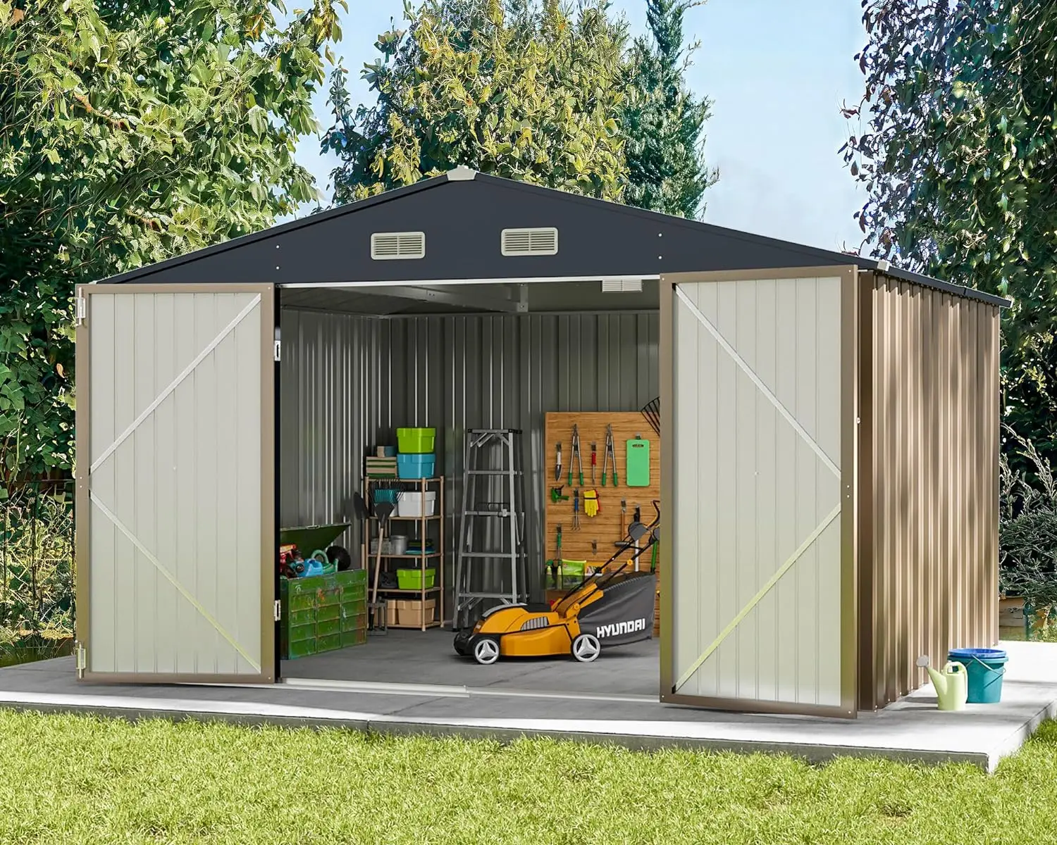

Metal Outdoor Storage Shed 5x3/6x4/8x6/8x10FT,Steel Utility Tool House with Door & Lock, Backyard Garden Patio Lawn, Brown/Gray