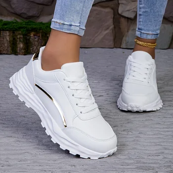 Sneaker casual da donna in tinta unita, scarpe da passeggio leggere con suola morbida con lacci, scarpe da allenamento comode e basse 1