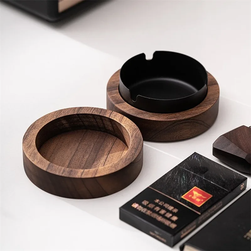 Walnut Wood Ashtrays With Lid Covered Windproof Ashtray With Stainless Steel Liner Indoor Outdoor Ash Tray For Home