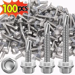 Stainless Steel Self - Drilling Hex Washer Head Screws with Sealing Ring - Home Hardware Fastener Kit (100/20 PCS) - M4.8x32