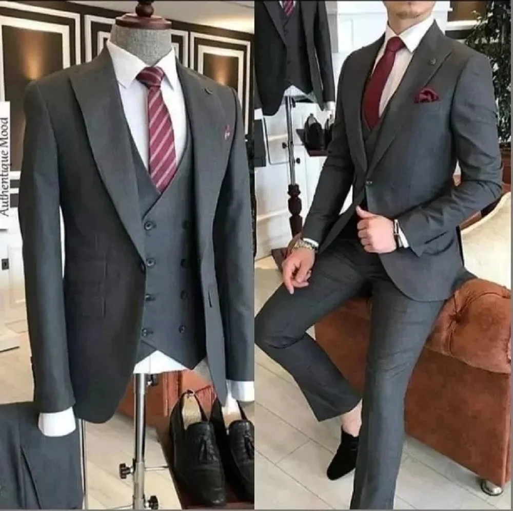 Grey Slim Fit mens suits 3 Pieces Tuxedos Groom Wedding Men Suit Tuxedo Terno Masculino De Pour Hommes Blazer(Jacket+Pants+Vest)