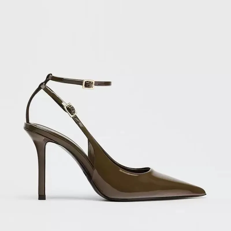 Women Sandals Women High Heels Summer Baotou Patent Leather Stiletto Sandals Women's Pointed Toe Shallow Mouth Slip Strap Non-slip High Heels
