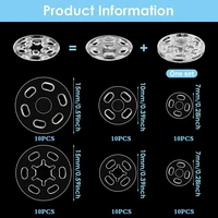 30 Pairs 7/10/15mm Plastic Sew-on Snap Buttons Invisible Snap Fasteners Buttons Round Clear Press Button for Sewing Clothing DIY 2