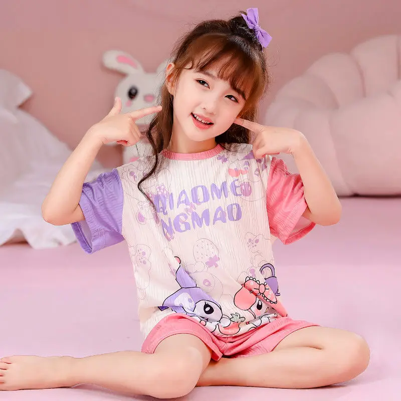 

Kawaii Sanrio Kuromi Cinnamoroll Children Pajamas Summer Thin Breathable Pajama Short Sleeved Set Girl Fashionable Home Clothing