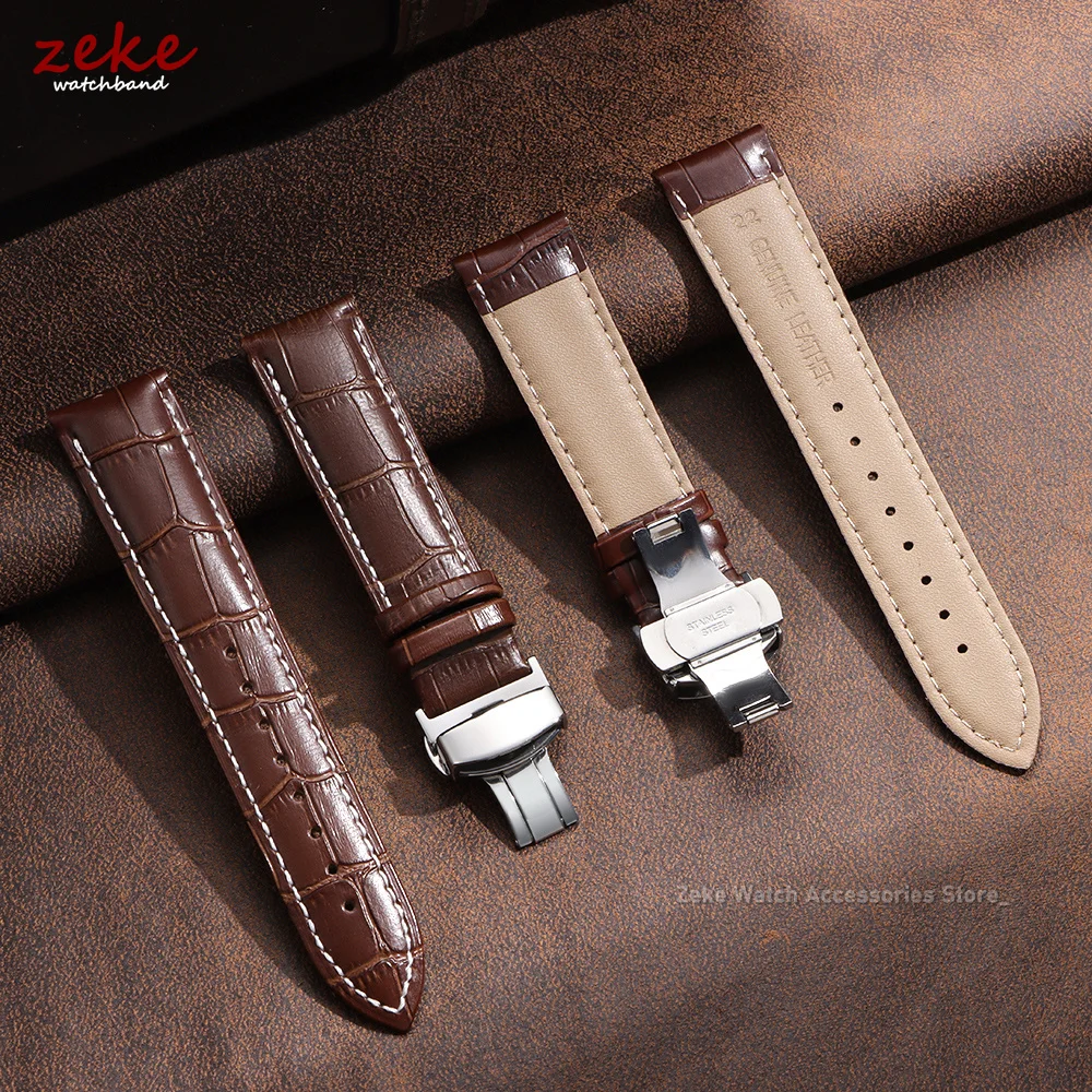 Elegant Genuine Leather Watch Band with Butterfly Clasp and Gift Box