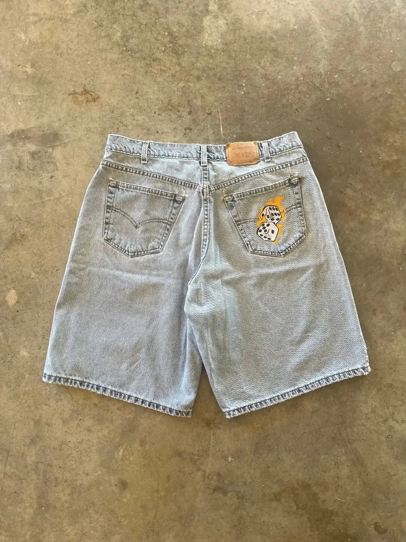 Casual Fashion Dice Embroidered Pattern Denim Shorts Men Fitness Basketball Pants Distressed Washed Cotton