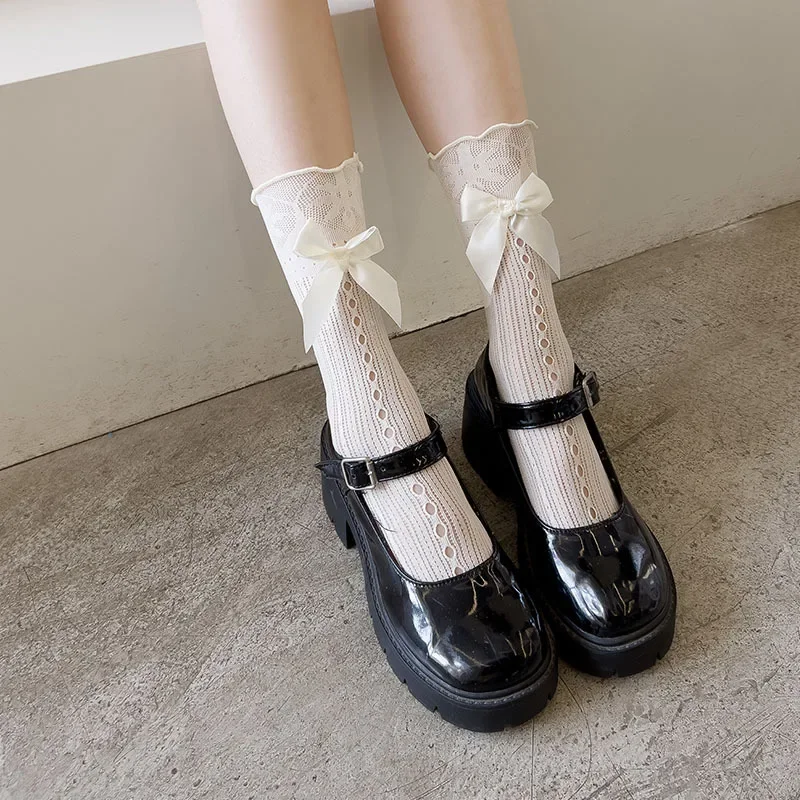 1 Pair Girl Sweet Bow Tie Socks Women Black Lolita Japanese Lace Mesh Fishnet Socks Elasticity Net Yarn Thin Children JK Socks