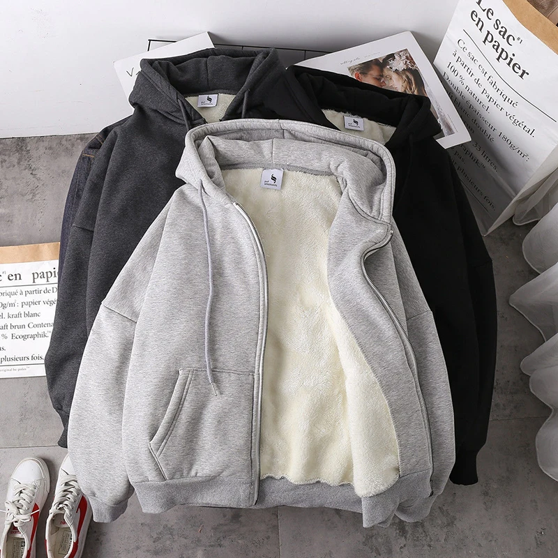 Warm Jacket Women Solid Hoodies Coat Autumn Winter Lamb Wool Fleece Loose Plus Sizes Thick Zipper Female Sweatshirt Grey Black autumn winter jackets woman lamb wool plush coat women clothes korean fashion loose student warm plus velvet thick women jacket