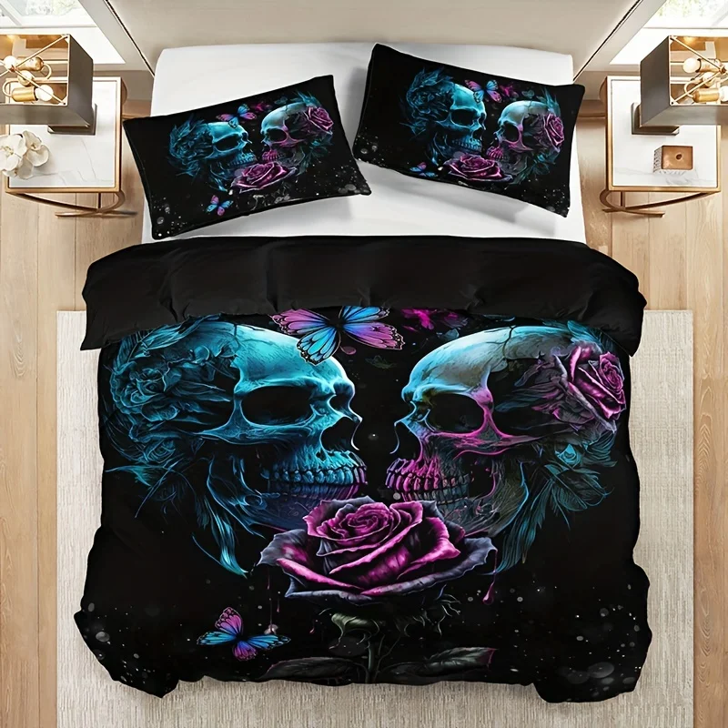 3pcs Duvet Cover Set (1*Duvet Cover + 2*Pillowcase, Without Core), Fashion Gothic Rose Skull Print Bedding Set