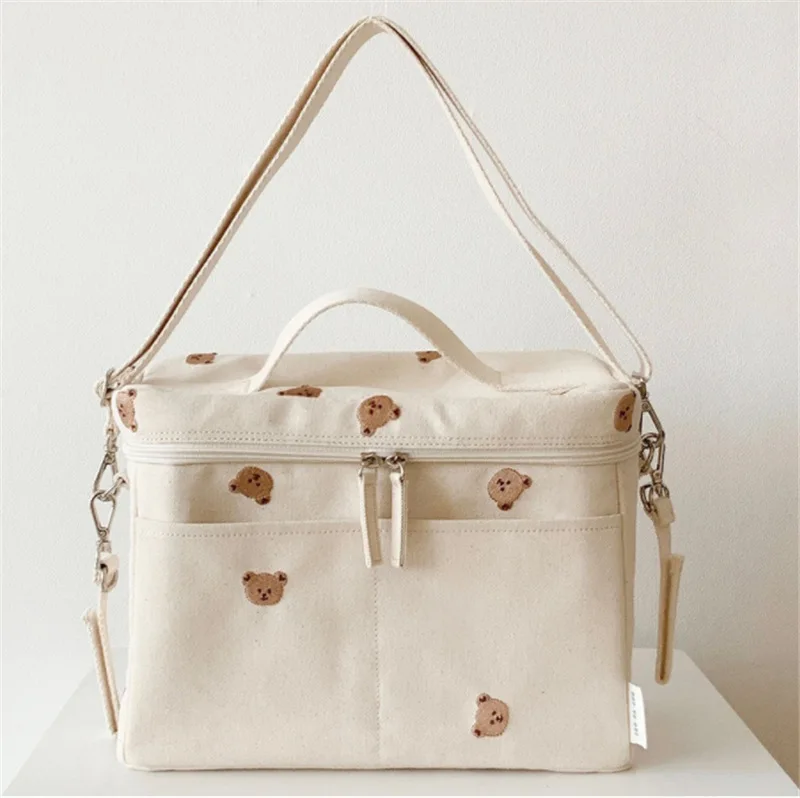 

Korean Baby Diaper Bag Canvas Bear Embroidered Insulation Baby Stroller Storage Bag Organizer Mommy Milk Insulation Ice Bag