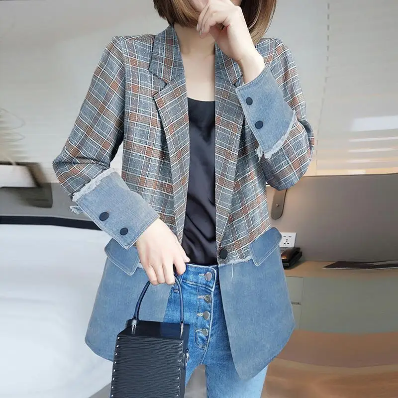 2023 Spring Autumn Fashion Plaid Blazers Women Causal Personality Denim Patchwork Suit Jackets Lady New Coats Streetwear Female