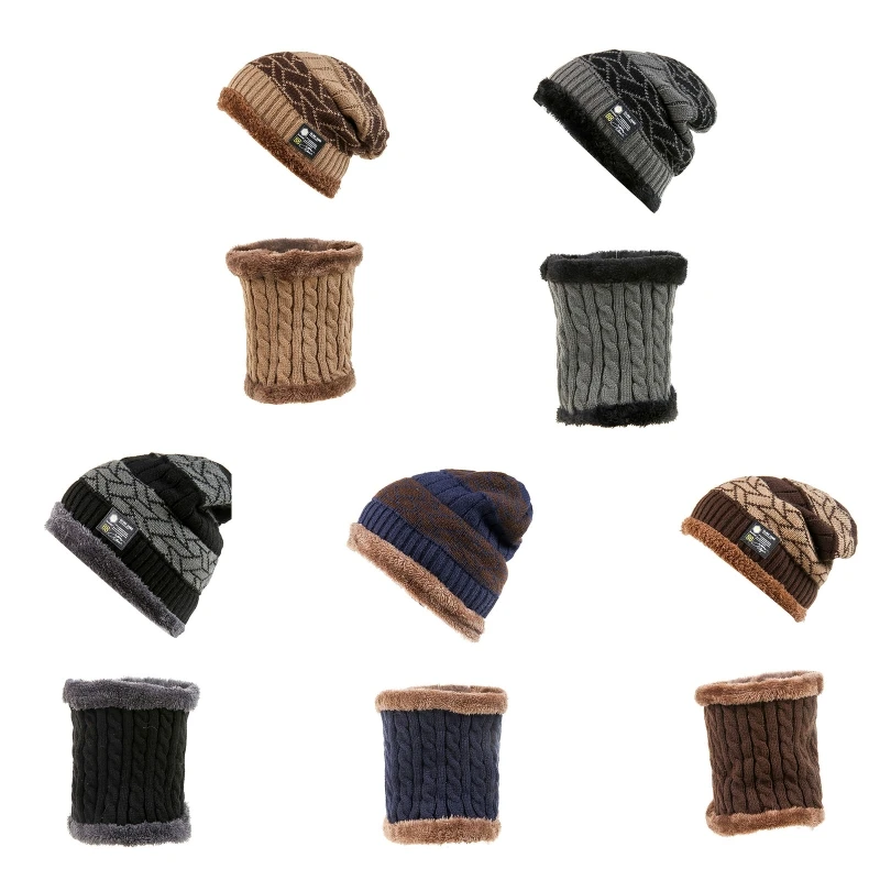 

Winter Hat Neck Warmer Skullies Beanie Knitted Hat Scarf Set Fleece Lining Men