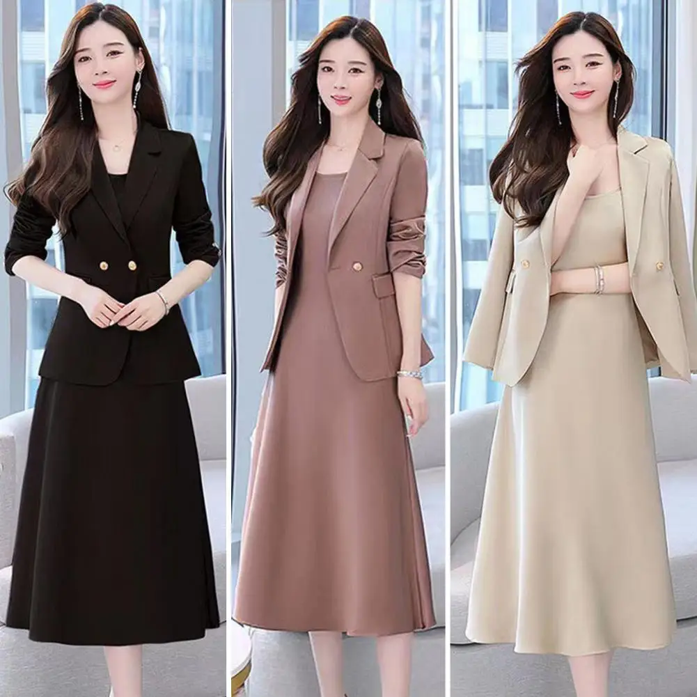 

2Pcs/Set Two Pieces Coat Dress Suit Mid-length Sling Style Coat Dress Suit Fashion Sling Design Women Dress Lady Garment