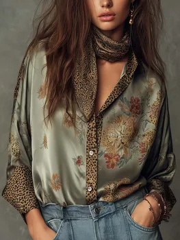 Retro Floral Print Loose Blouse Women Leopard Splice Lapel Button Long Sleeve Satin Shirts Casual Beach Bohemian Tops with Scarf