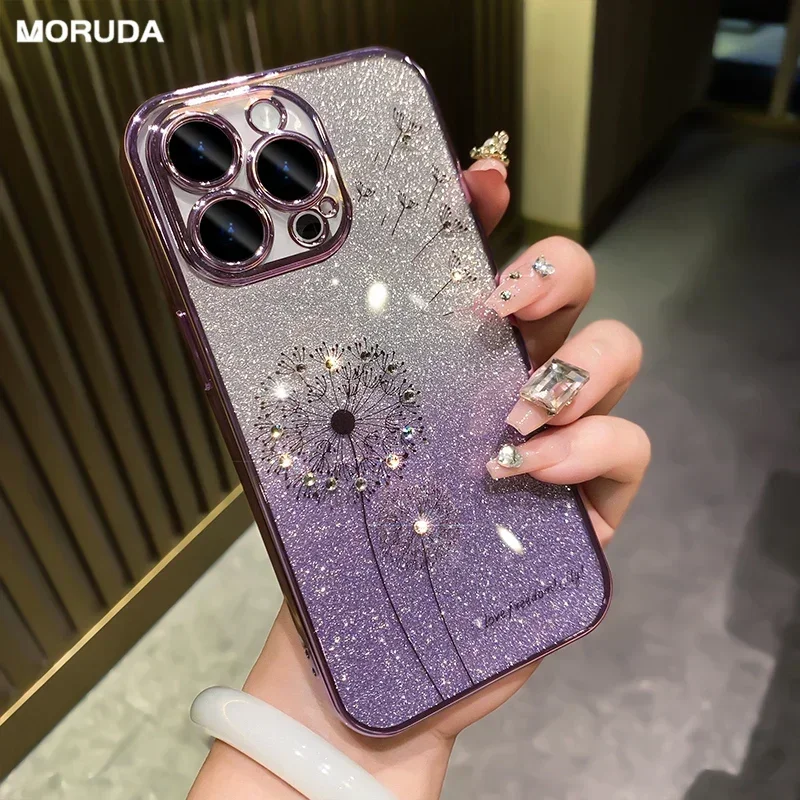 Coque de pissenlit à paillettes dégradées, étui souple en diamant scintillant pour iPhone 15 12 11 13 14 Pro Mini X Xs Max Xr 7 8 Plus SE2_voghion.com