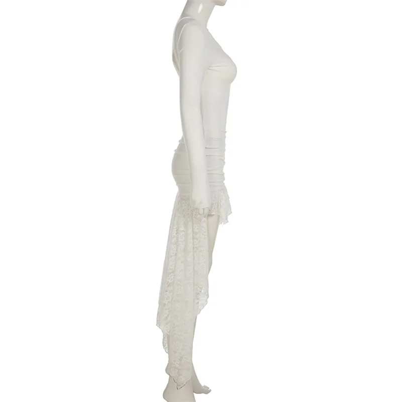 y2k Lace Patchwork Dress Women Clothes Round Neck Long Sleeve Backless Asymmetrical Hem Long Dresses Party Dresses