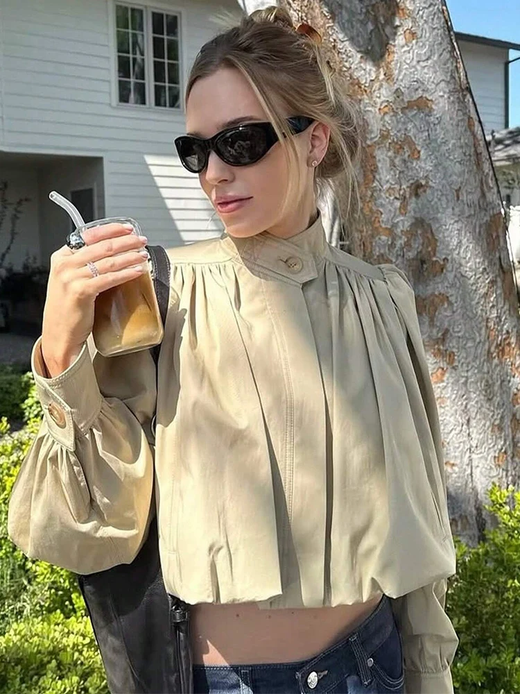 Fashion Women Short Coat Solid Color Full Sleeve Turtleneck Single Breasted Jacket Lady Spring Autumn Chic Pleated Outerwear