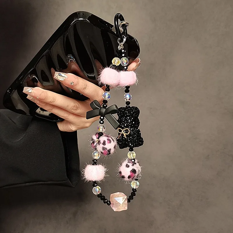 Cartoon Crystal Bear Plush Ball Luxury Wrist Chain with Beaded Lanyard