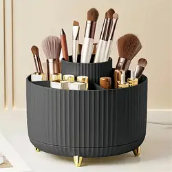 Revolving Cosmetic Organizer with Multi-Functional Brush Holder (Black)