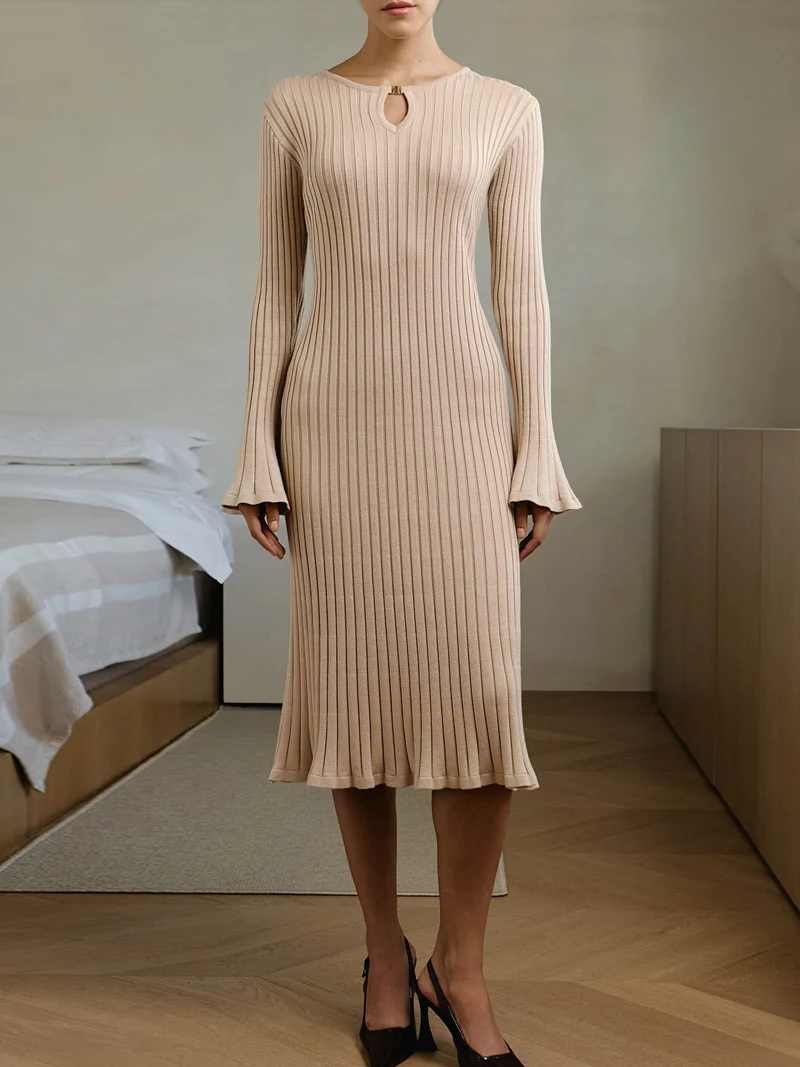 Elegant Knitted Midi Sweater Dress - Womens Long Sleeve Autumn Winter Party Dress