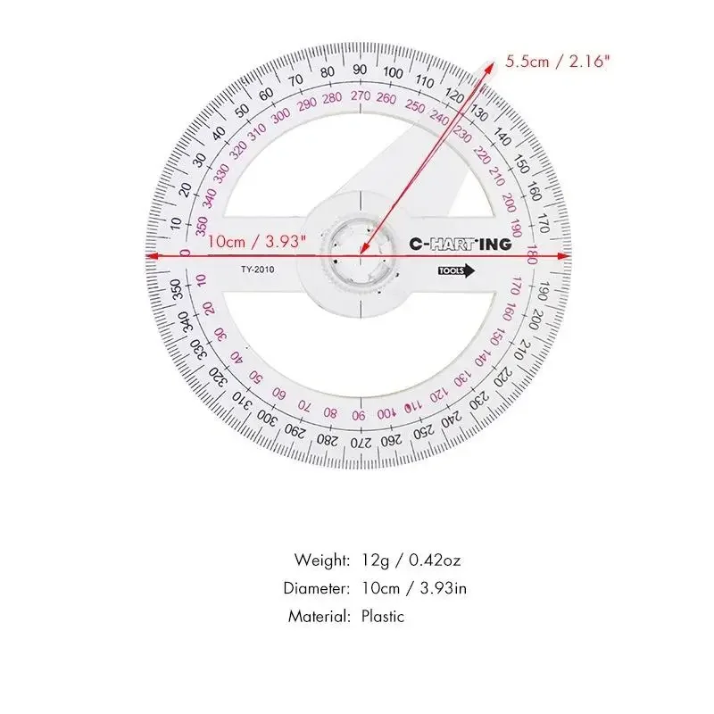 Plastic protractor ruler 2 Pcs All Circular 10cm Plastic 360 Degree Pointer Protractor Ruler Angle Finder Swing Arm for School Office Supplies