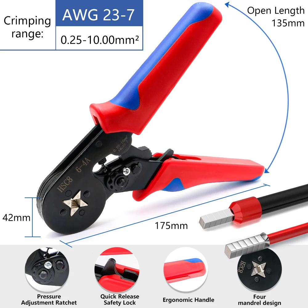 HSC8 Cable Wire Crimper Crimping Tool Plier Set 6-4/6A 23-7AWG Self Adjustable 1200Pcs Cord End Bootlace Ferrules Terminals Kit electrical wire terminal