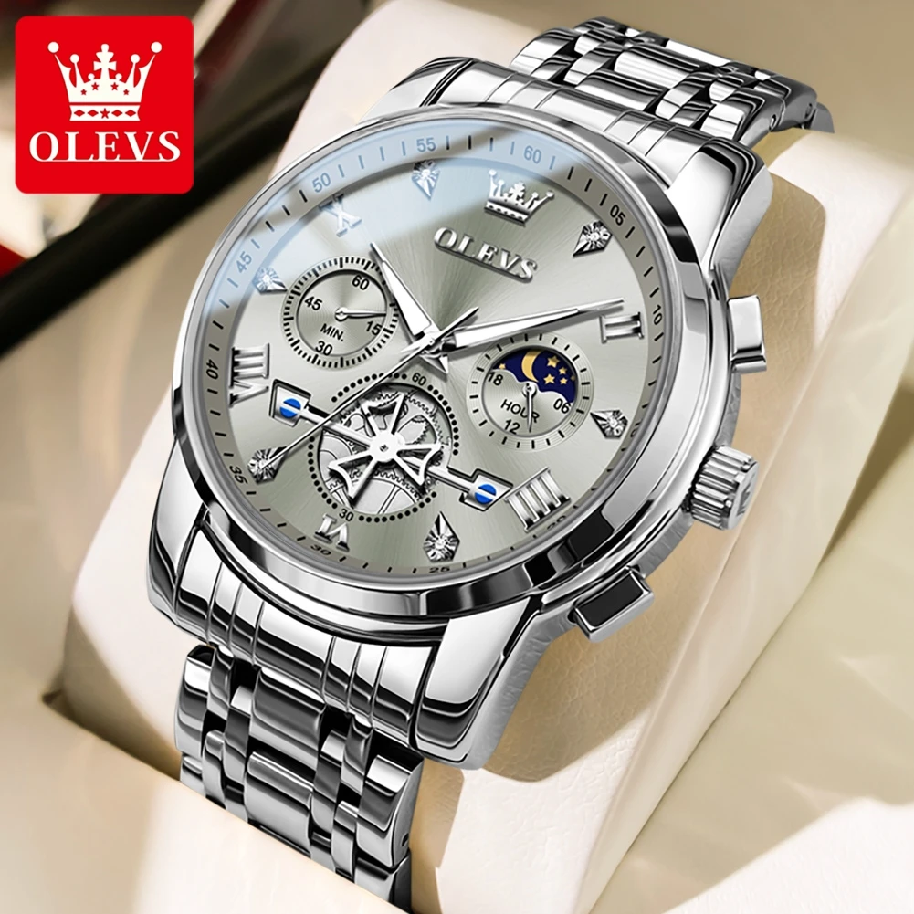 OLEVS Top Brand Men's Watches Classic Three Eyes Style Stainless Steel Quartz Watch Waterproof Luminous Moon Phase Wristwatch